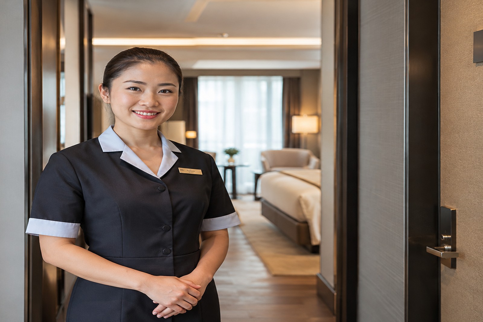 Hospitality staff member welcoming a guest at a hotel room entrance