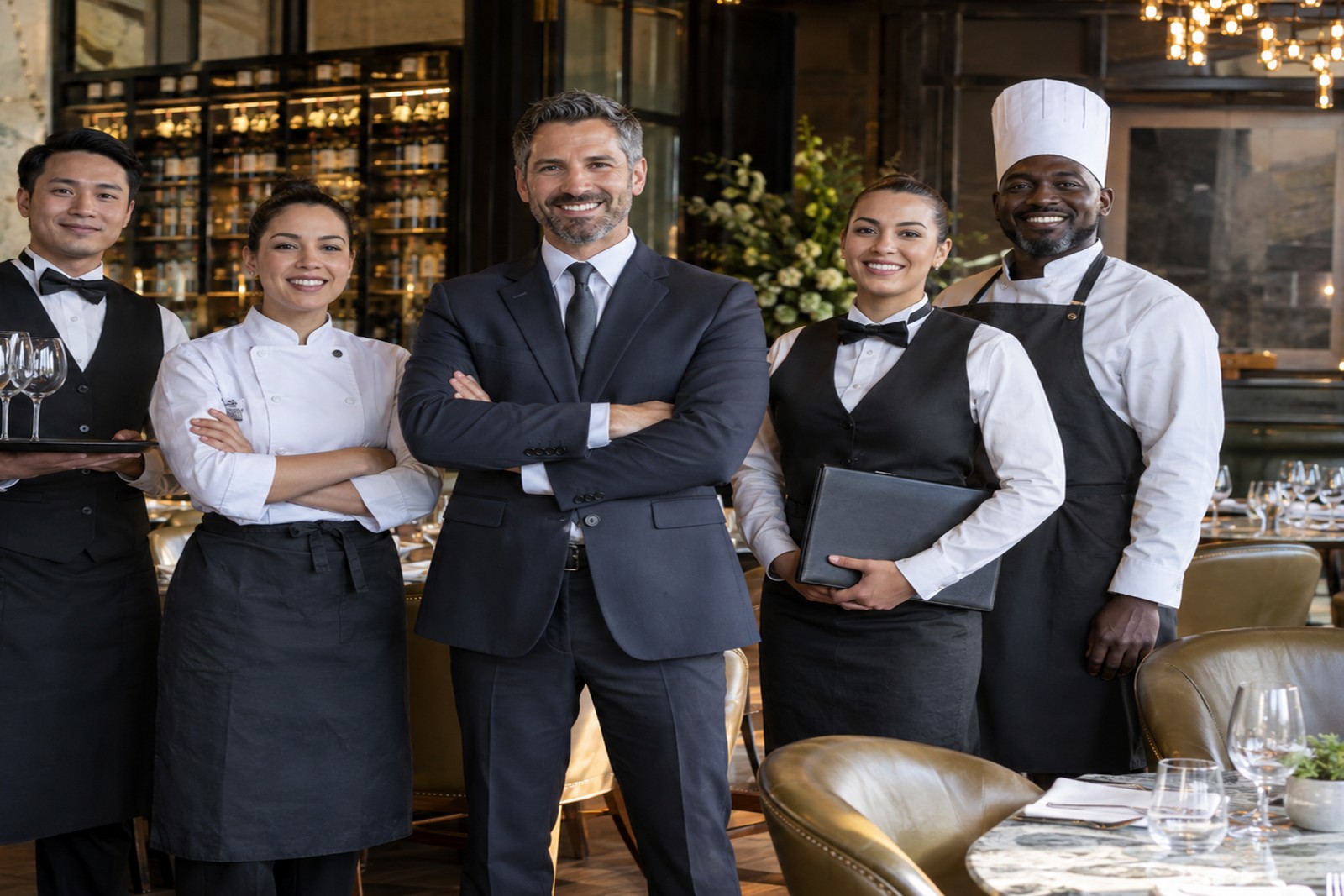 Professional restaurant service team representing multiple hospitality staffing divisions