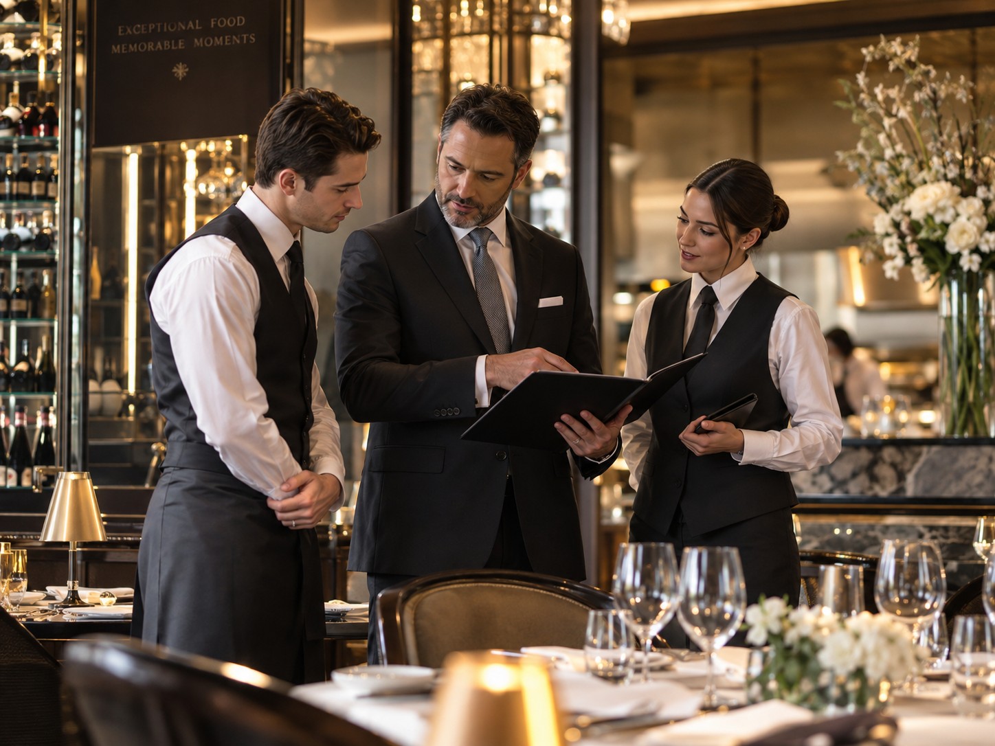 Hospitality management team reviewing restaurant operations in a meeting