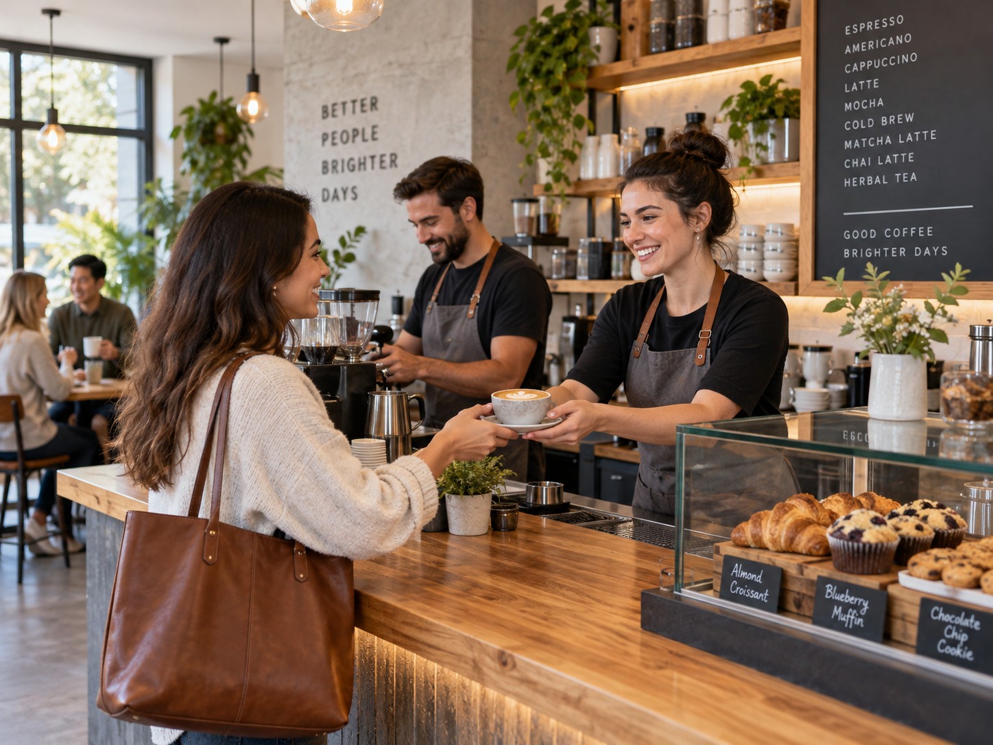Premium coffee shop counter with espresso equipment and cups