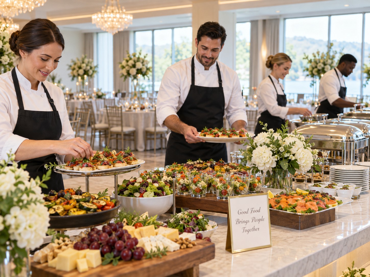 Catering team member arranging food platters for an event buffet