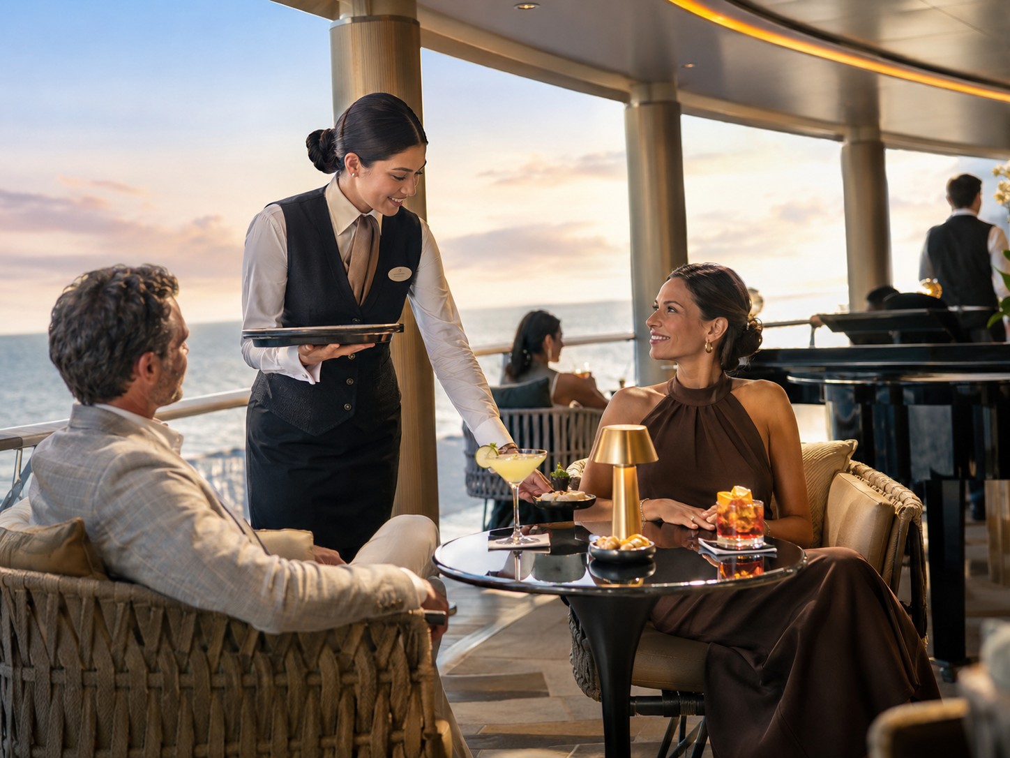 Cruise ship dining deck with tables set for guests at sea