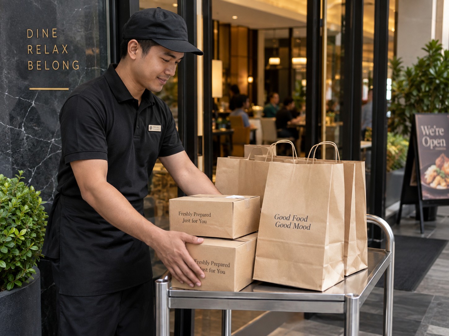Food delivery rider with insulated delivery bag on a city street