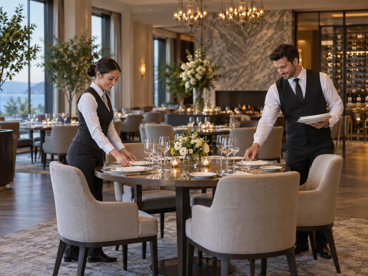 Restaurant waiter pouring a drink for a guest during table service